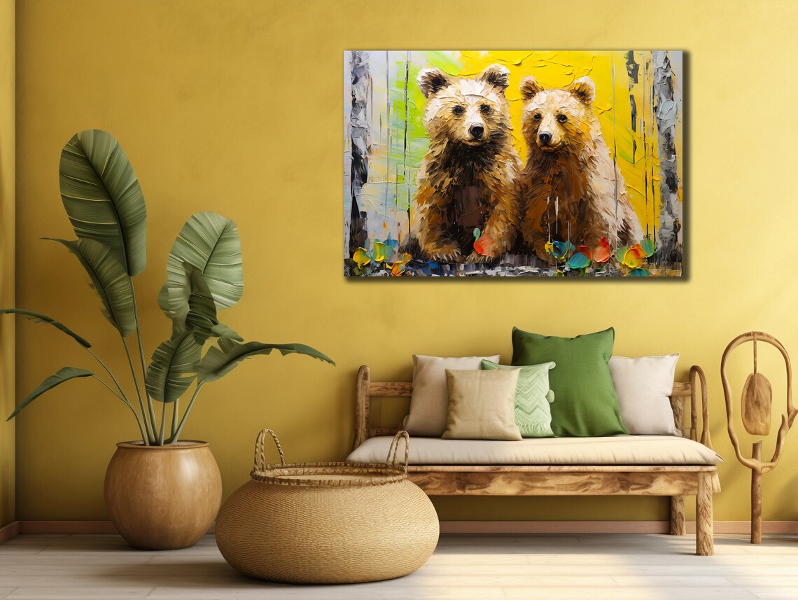 Bear Cubs in Birch Forest Yellow Palette Knife Painting Woodland Wall Art Poster