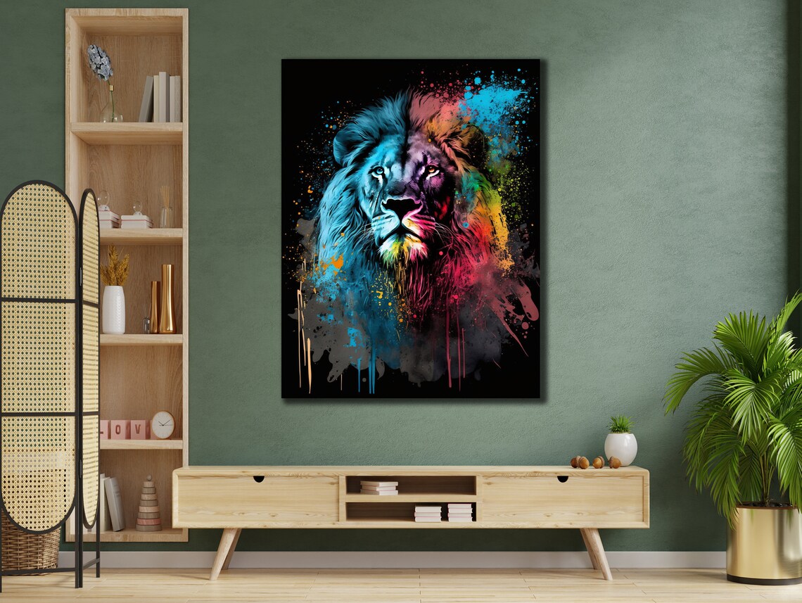 Neon Rainbow Lion Head Splash Portrait Bold Animal Art Poster - Image 2