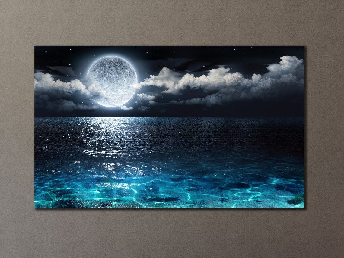 Full Moon Over Night Ocean Moonlit Sea Clouds Nature Wall Art Poster