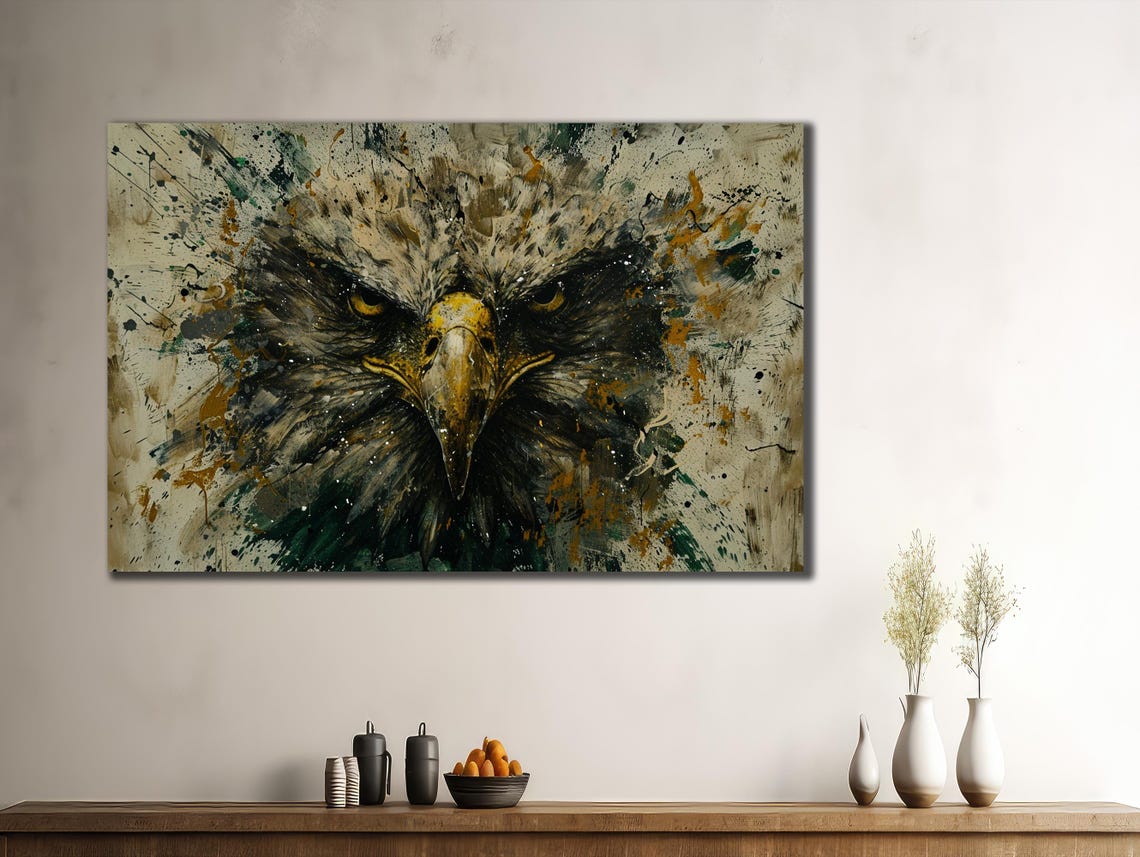 Fierce Eagle Face Ink Splash Portrait Wildlife Green Abstract Poster - Image 3