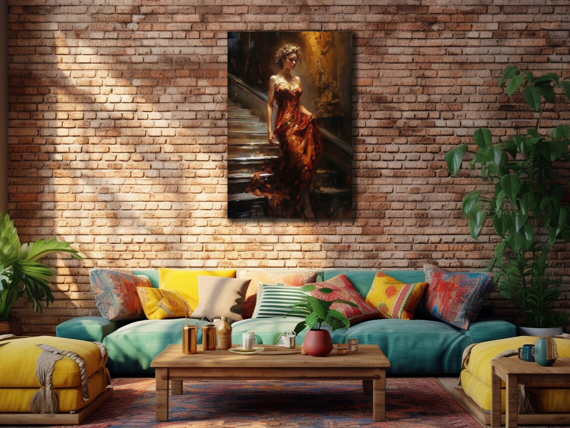 Elegant Woman In Flowing Red Dress Descending Stairs Art Poster - Image 3