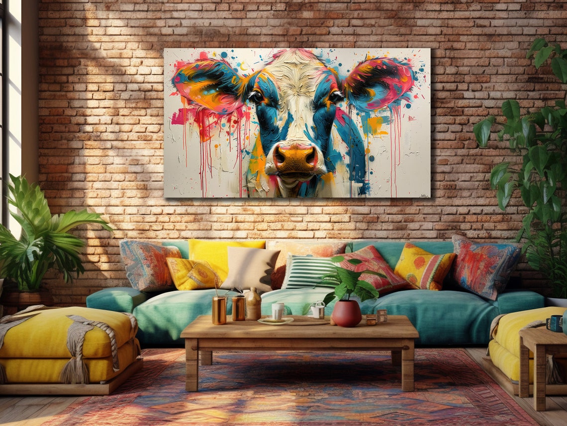 Colorful Cow Printing Cow Wall Decor Abstract Animal Wall Art Painting On Colorful Animal Art Farmhouse For Gifts - Image 2
