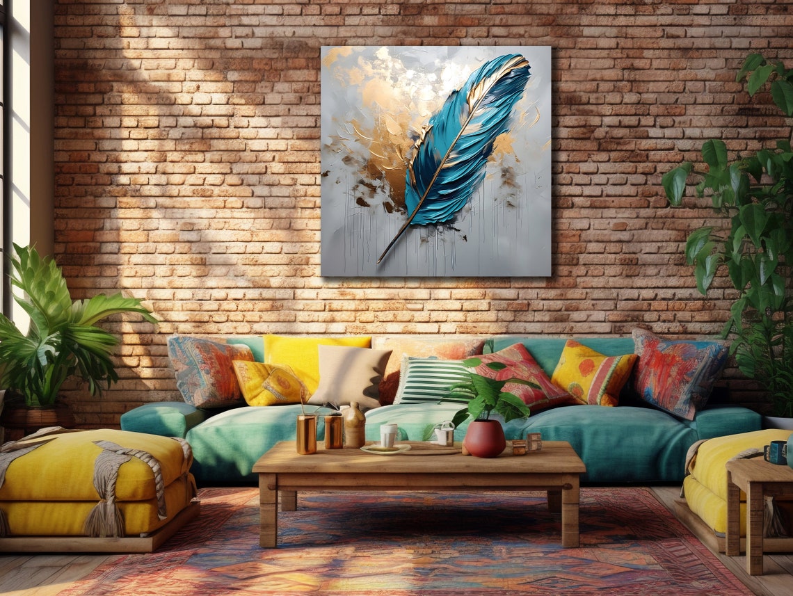 Turquoise Feather Gold Accents Elegant Minimalist Artwork Poster - Image 3