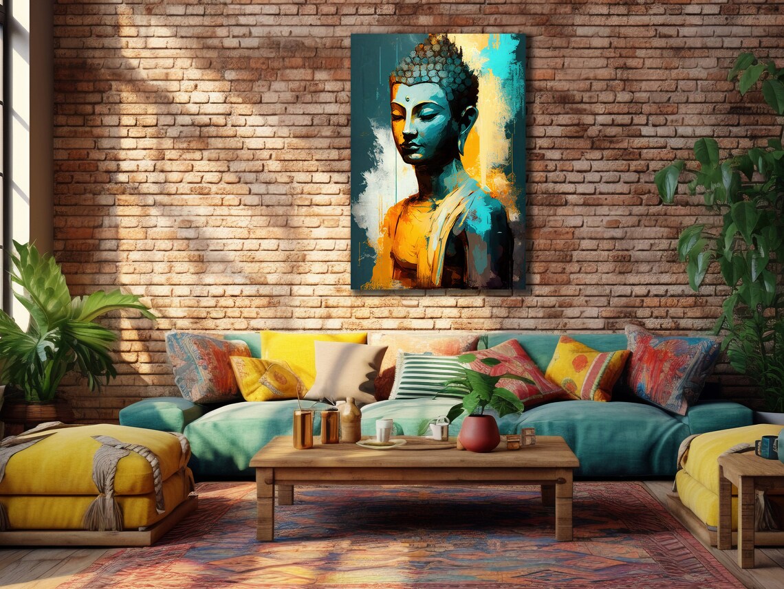 Blue Gold Buddha Bust Portrait Spiritual Painting Decor Wall Poster - Image 3