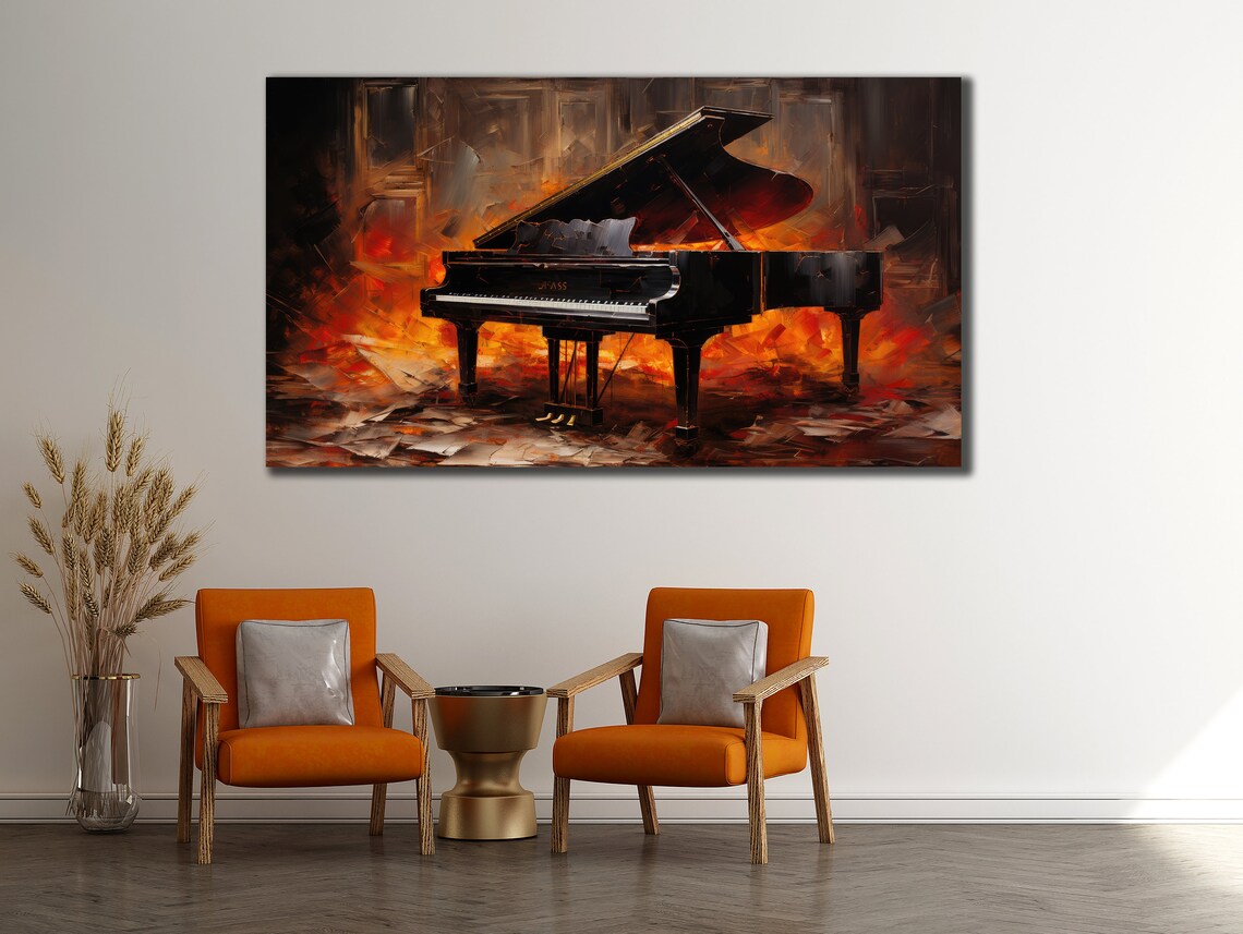 Grand Piano Fiery Red Stage Dramatic Oil Painting Musician Wall Print - Image 2