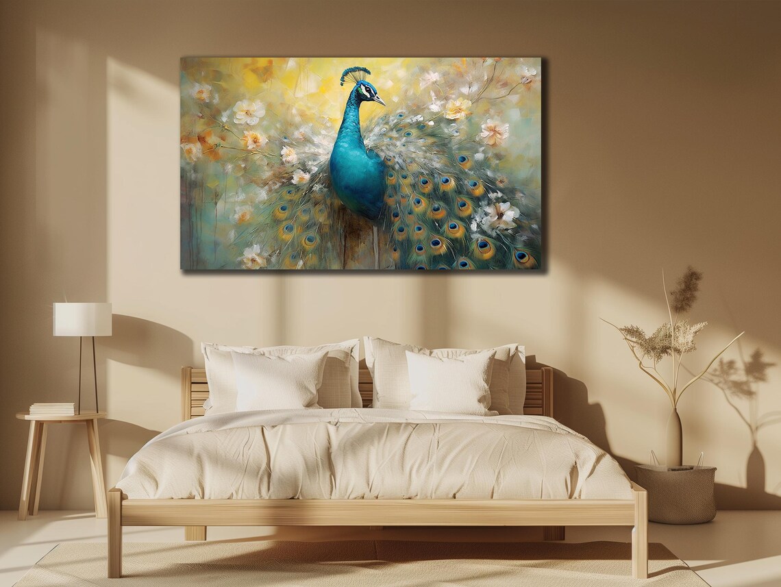 Peacock With Fanned Tail Teal Golden Floral Elegant Bird Art Poster