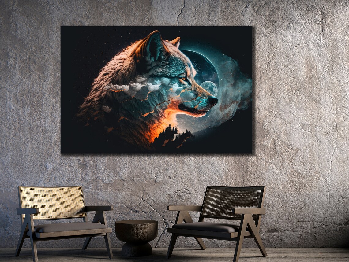 Wolf Head Double Exposure Moon Mountains Cosmic Wildlife Wall Art Print - Image 2