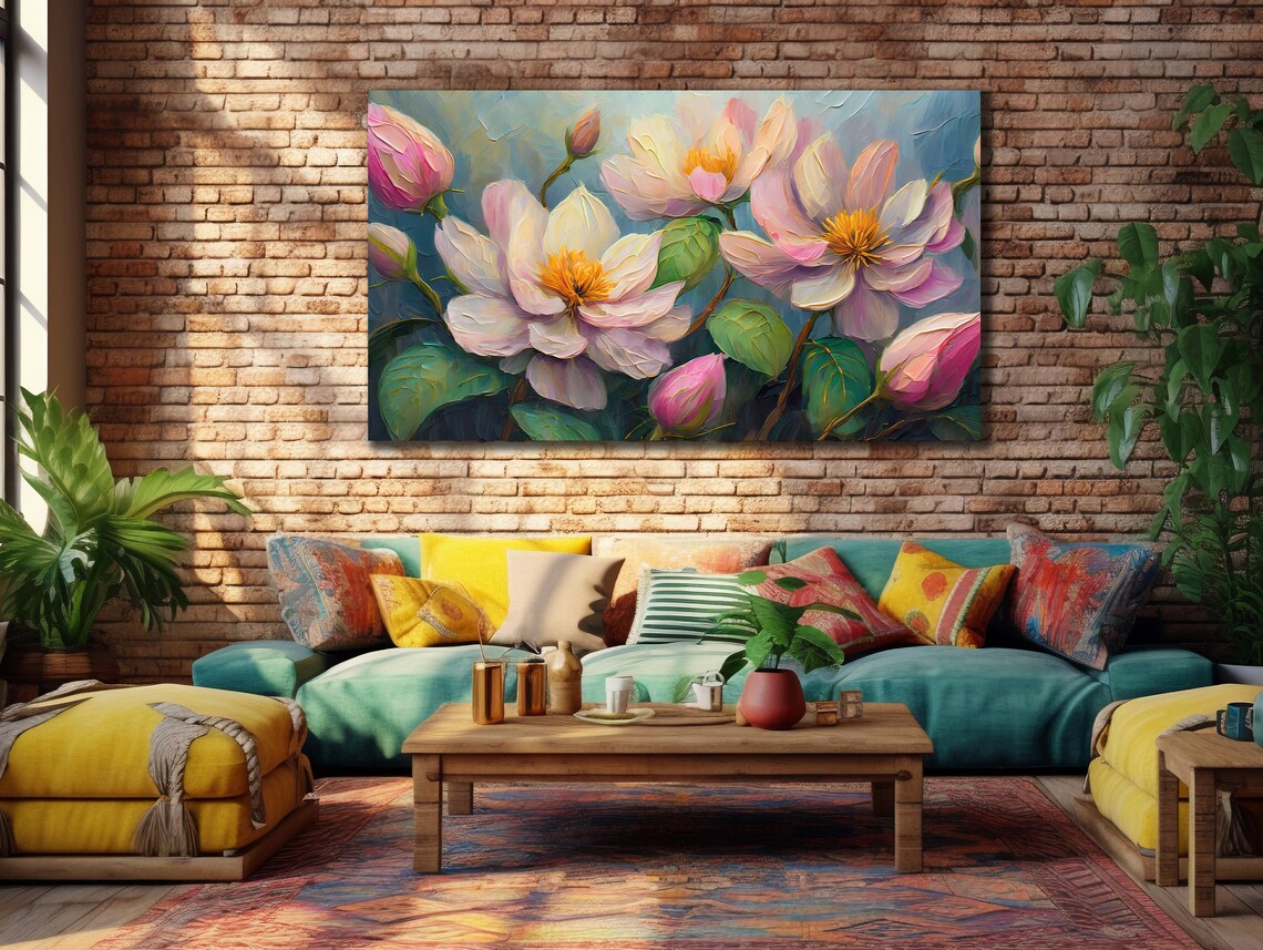 White Pink Peony Flowers With Buds Blue Green Impasto Floral Poster