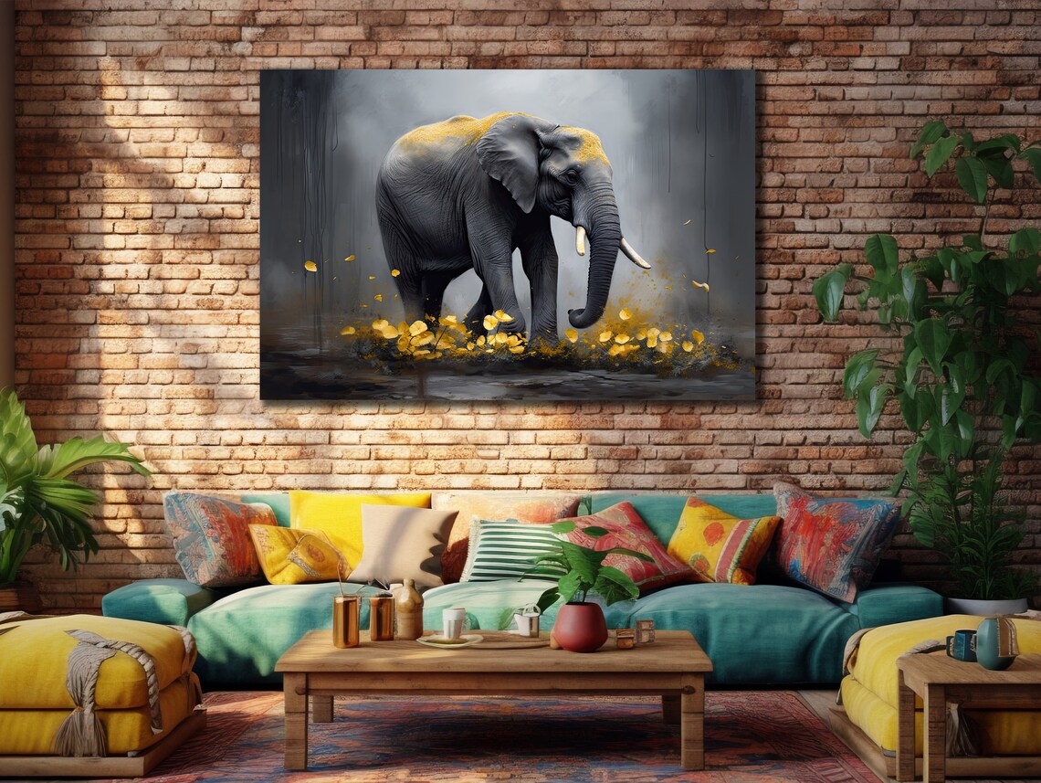 Elephant in Rain Gold Splatter Grey Wildlife Painting Modern Wall Art Poster - Image 3