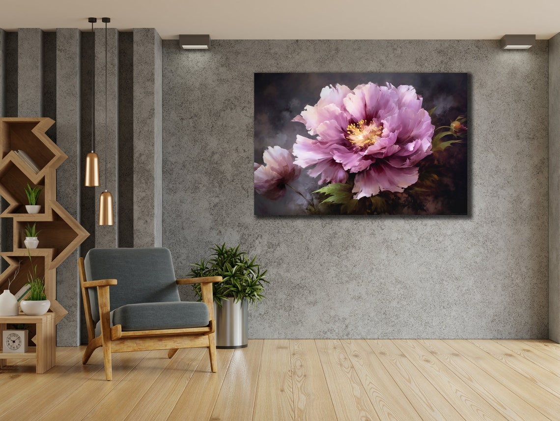 Pink Peony Bloom Close Up Dark Moody Elegant Floral Art Poster - Image 3