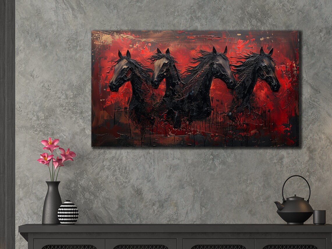Black Horses Red Abstract Oil Painting Dramatic Equine Art Poster - Image 3