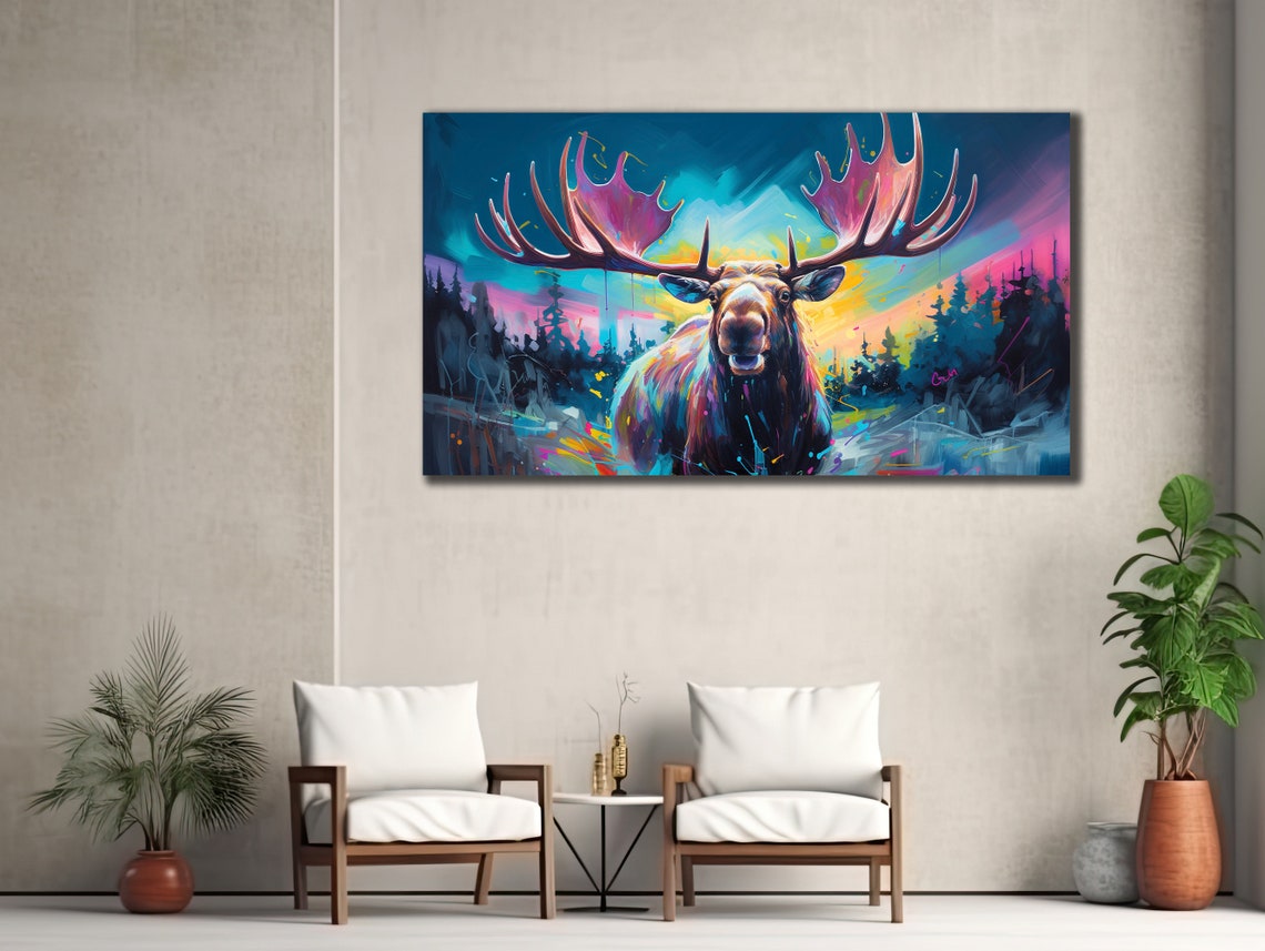 Joyful Moose Antlers Sunset Forest Whimsical Colorful Art Poster - Image 2