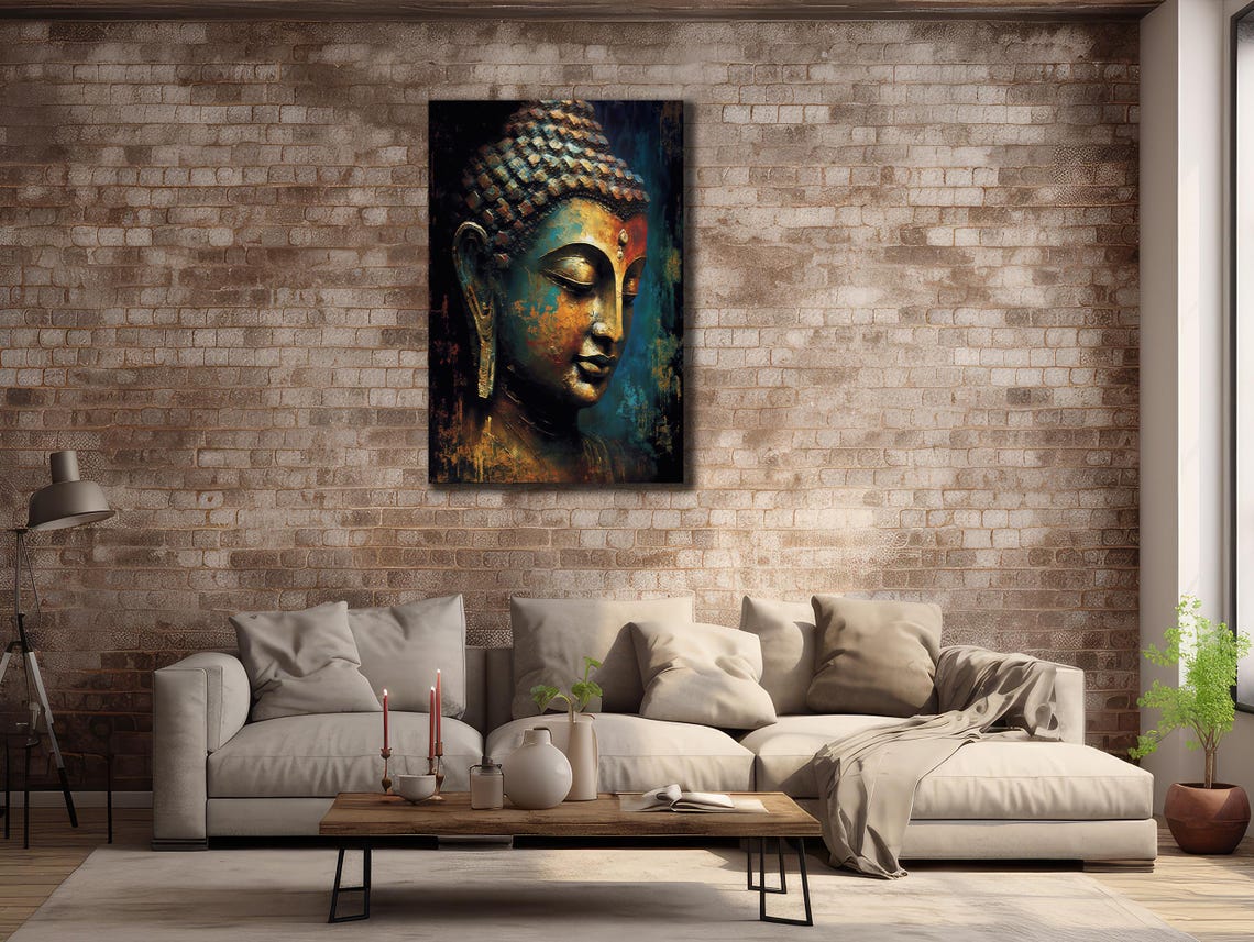 Buddha Face Blue Gold Aged Texture Zen Spiritual Wall Art Print