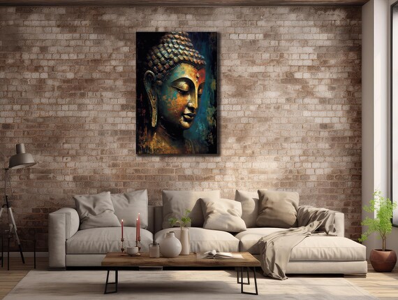 Buddha Face Blue Gold Aged Texture Zen Spiritual Wall Art Print
