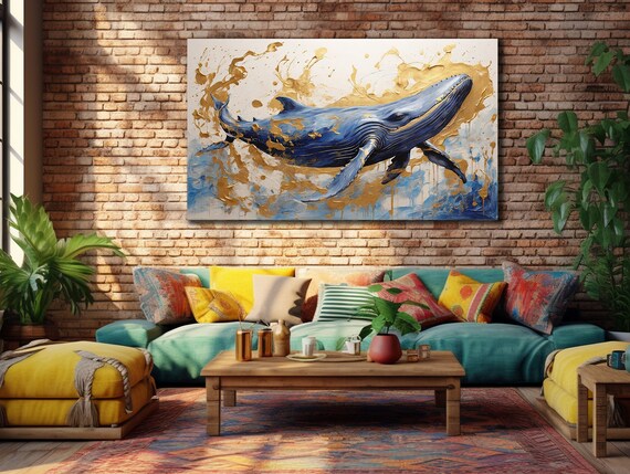 Whale Prints 3d Gold Whale Painting Art Wall Hanging House Gift Ideas Bedroom Wall Decor Animal Wall Art Blue Sea Poster