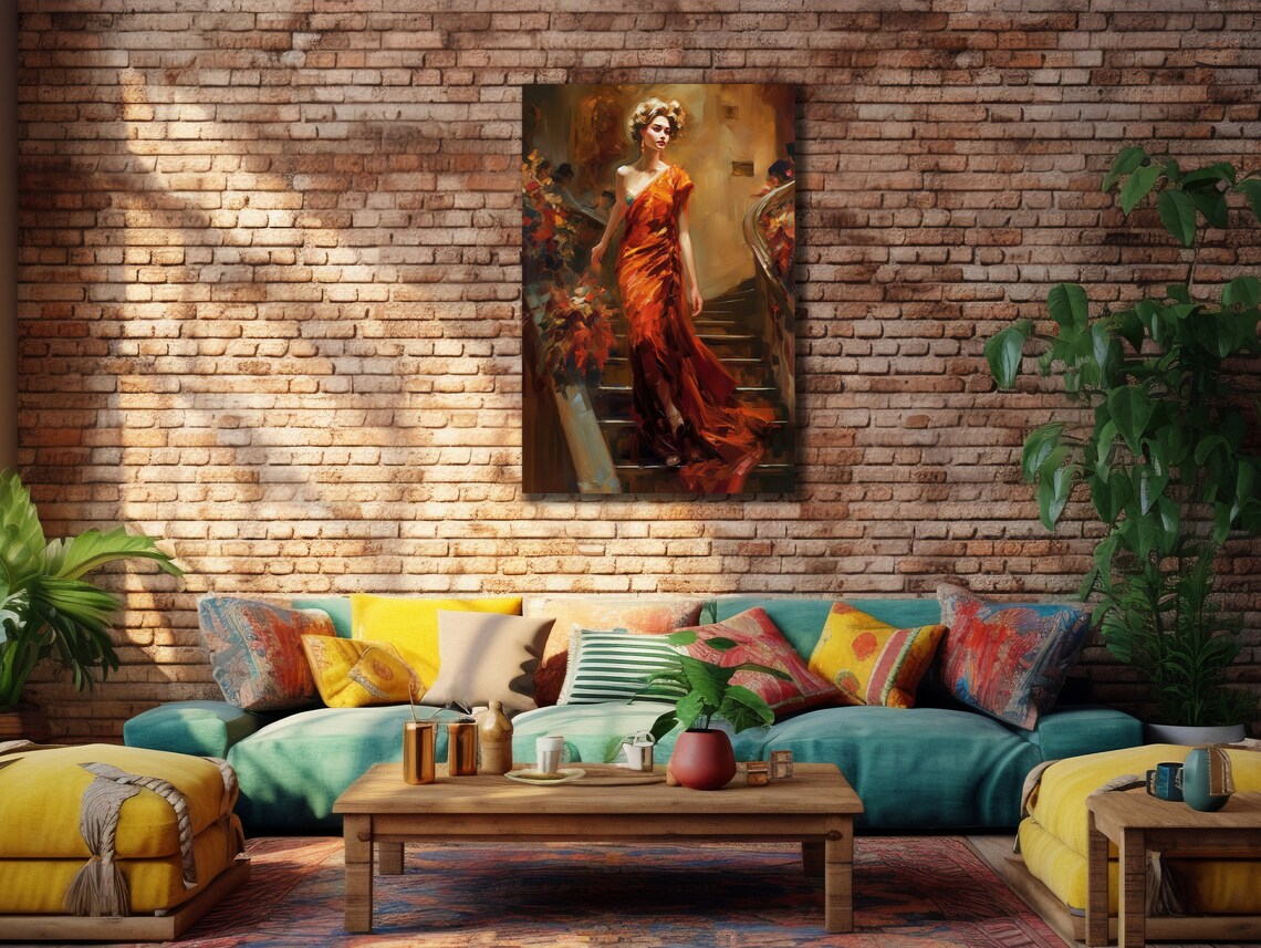Woman In Orange Evening Gown On Grand Staircase Painting Poster - Image 2