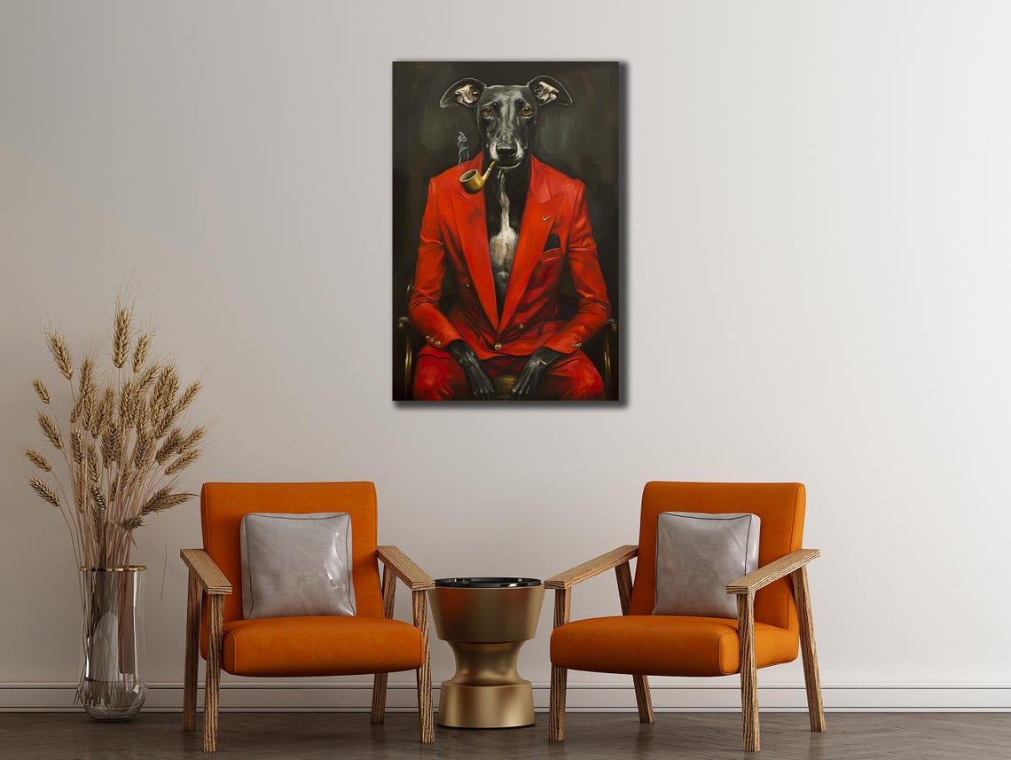 Greyhound Dog In Red Suit Smoking Pipe Funny Vertical Portrait Poster - Image 2