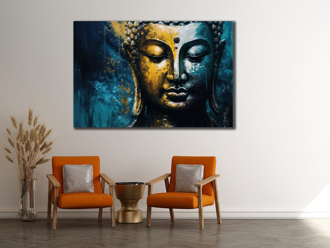 Buddha Face Blue And Gold Abstract Spiritual Zen Art Wall Poster - Image 2