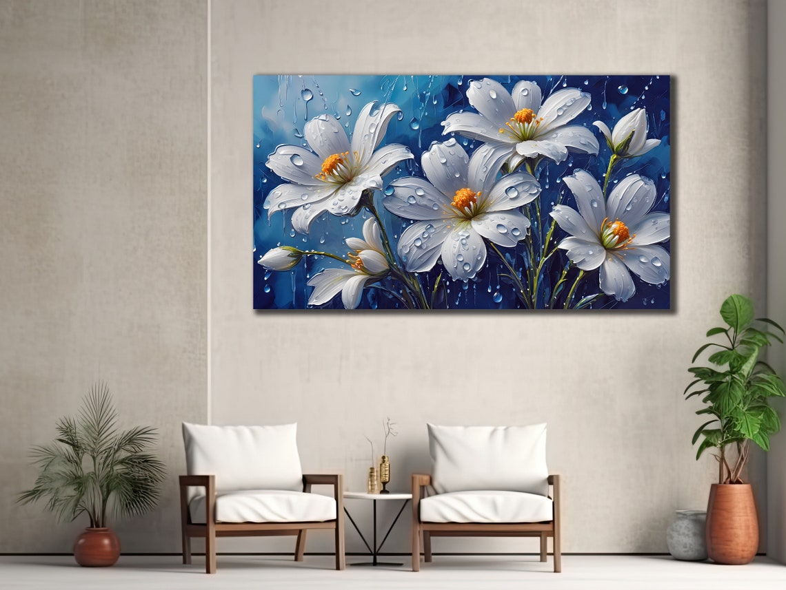 White Flowers With Rain Droplets Deep Blue Botanical Wall Art - Image 3