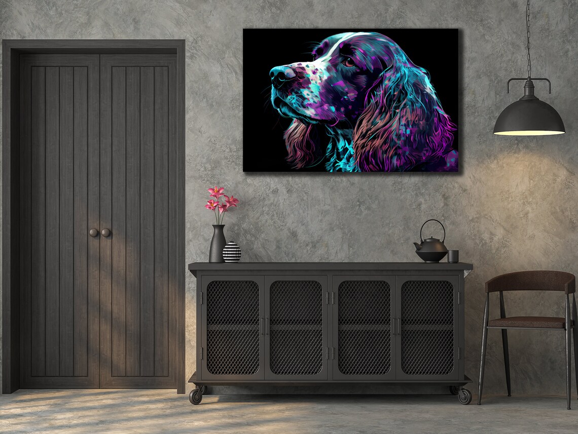 Neon Spaniel Dog Portrait Purple Blue Pop Art Pet Wall Art Print - Image 3