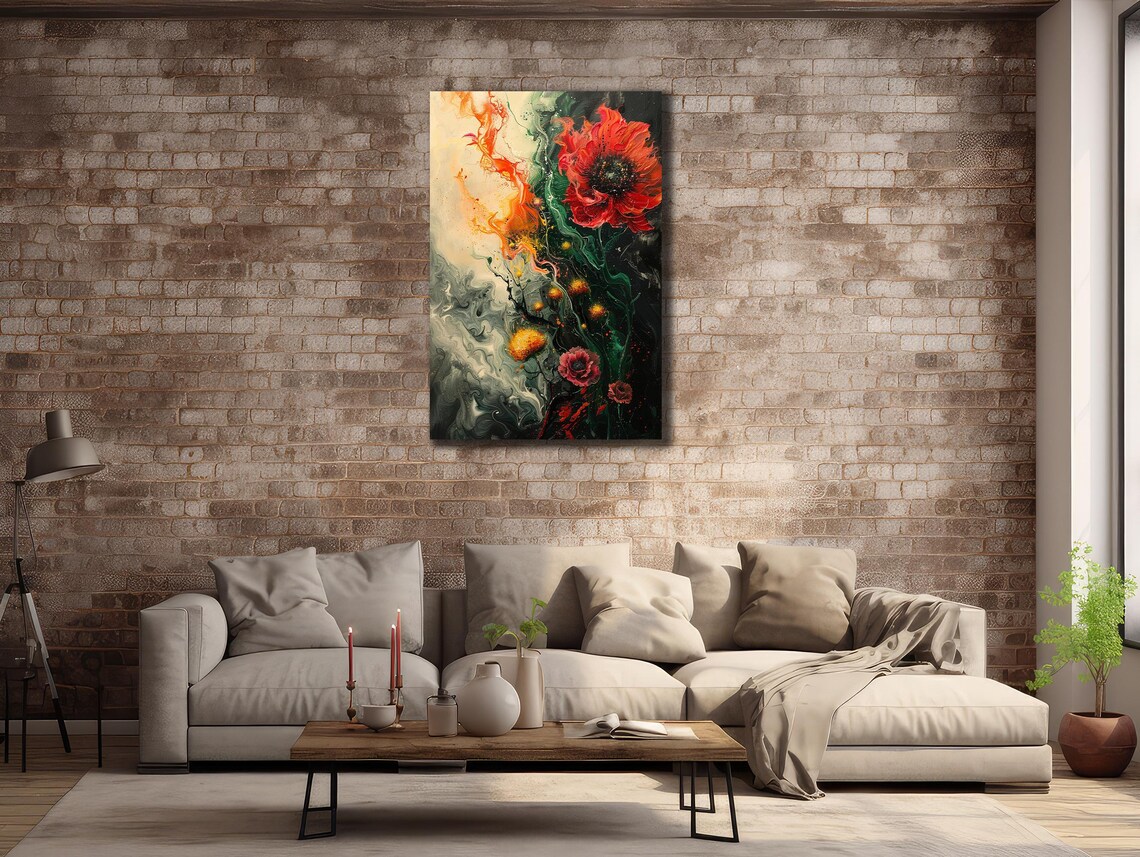 Red Poppy Bloom Smoky Swirl Dark Abstract Floral Wall Art Poster - Image 2
