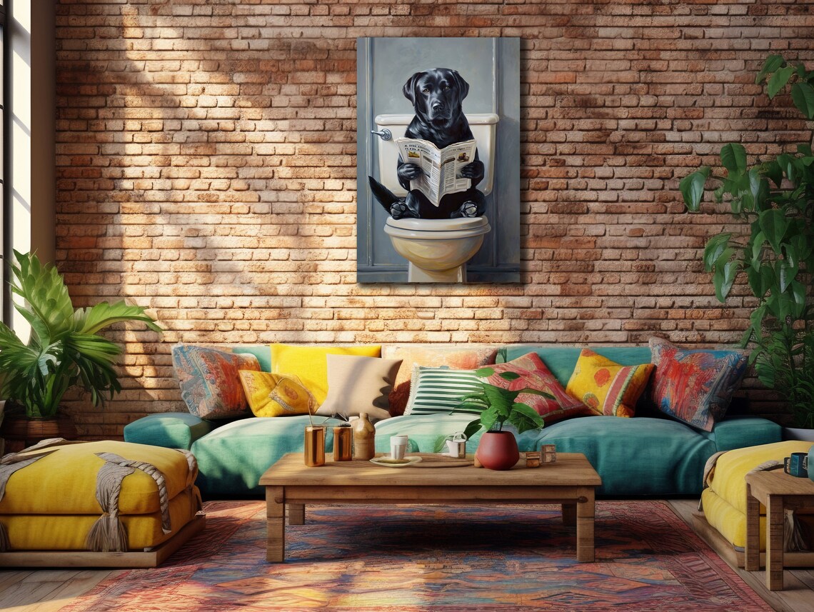 Funny Black Dog Reading Newspaper Sitting on Toilet Bathroom Print - Image 2