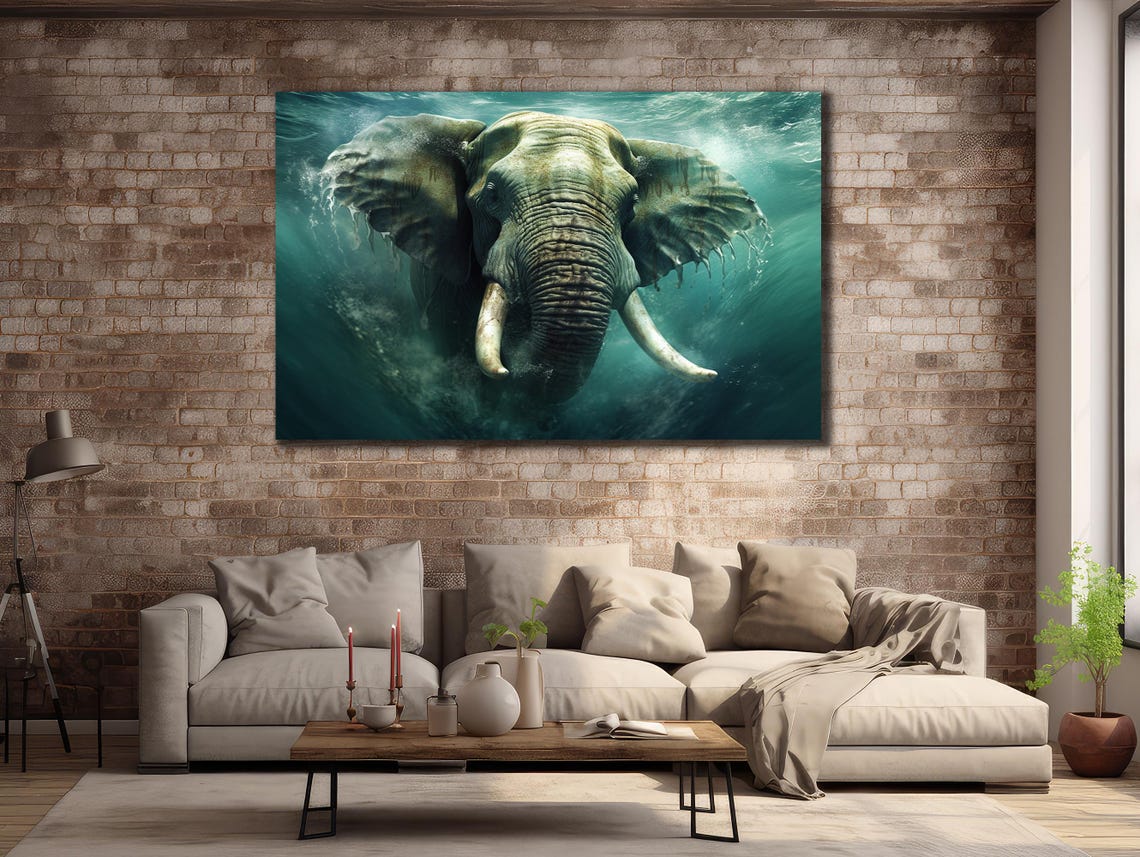 African Elephant Underwater Deep Teal Ocean Wildlife Painting Poster - Image 3