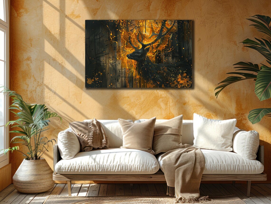 Dark Forest Deer Stag Golden Antlers Moody Black Gold Wildlife Poster - Image 2