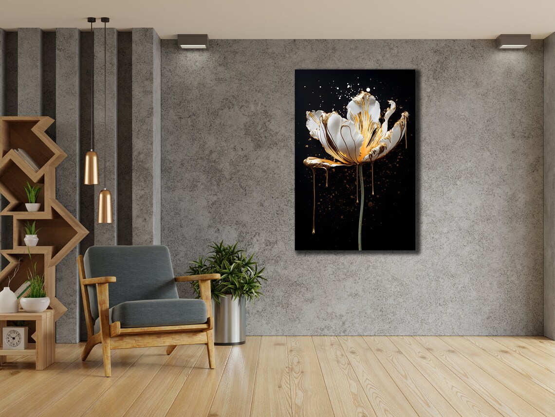 White and Gold Flower Black Background Modern Floral Wall Art Poster - Image 2