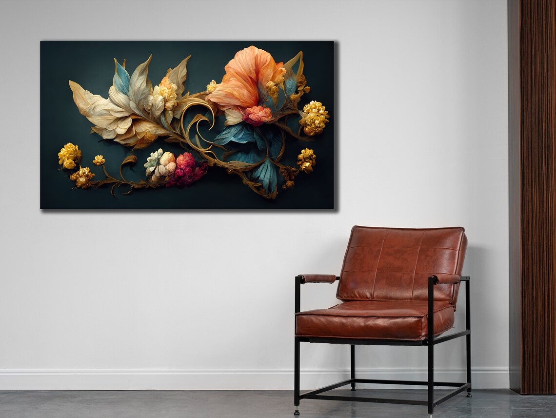 Golden Floral Swirl Peach Blossoms Dark Background Wall Art Poster - Image 2
