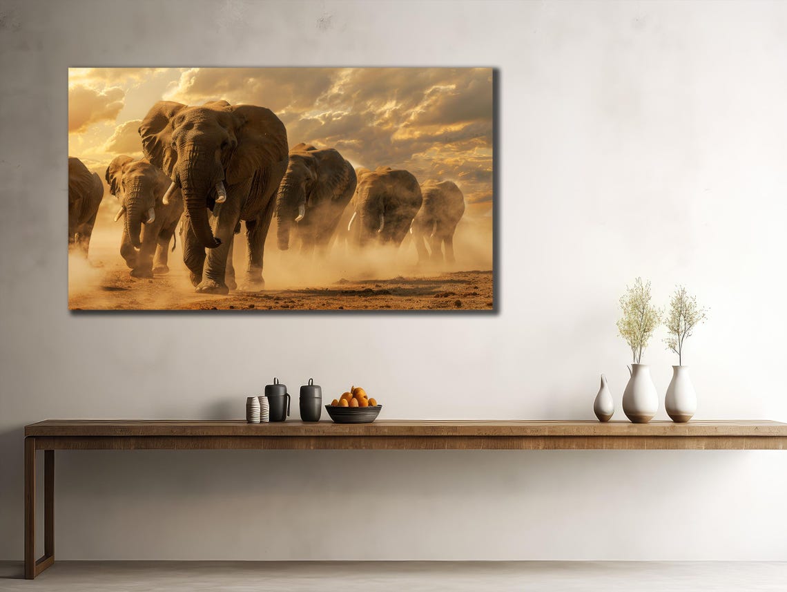 Elephant Herd at Sunset Golden Dust African Safari Photography Poster - Image 2