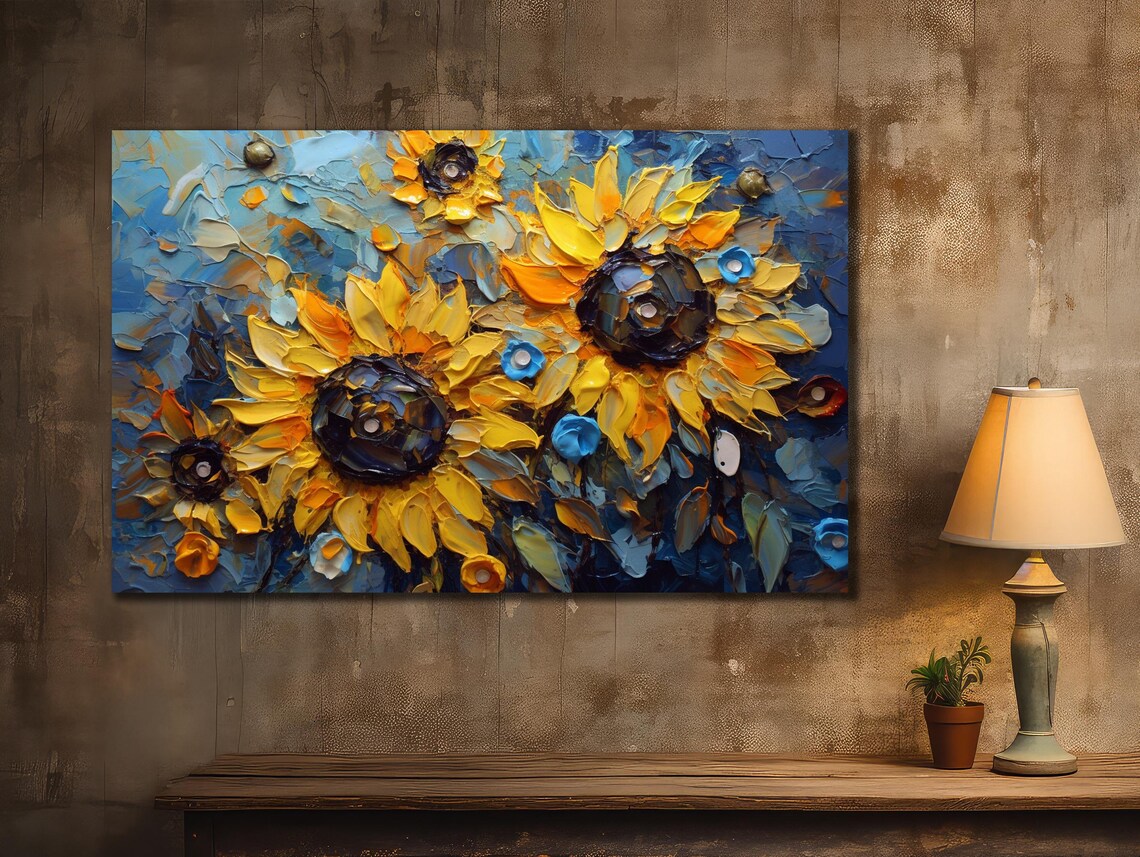 Sunflowers Palette Knife Impasto Yellow Blooms on Blue Artwork Poster - Image 3