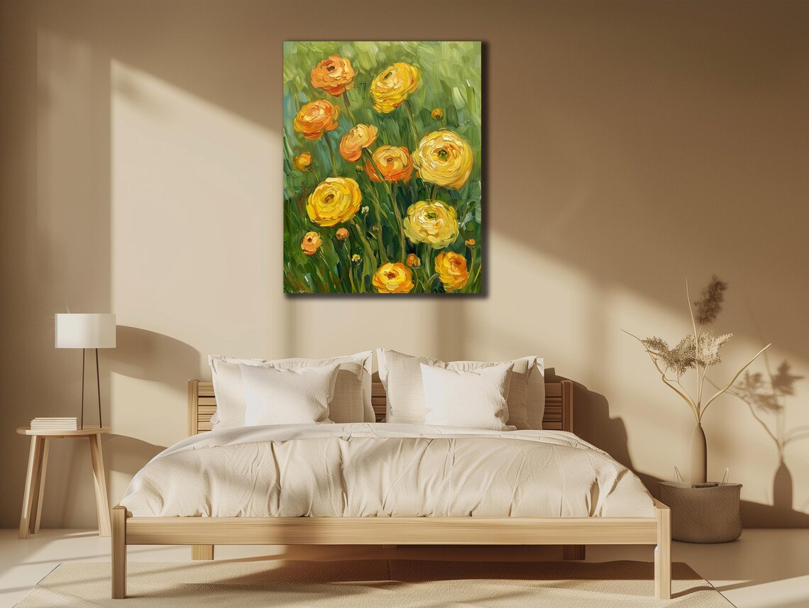 Sunny Yellow Ranunculus Flowers Oil Painting Cheerful Floral Poster