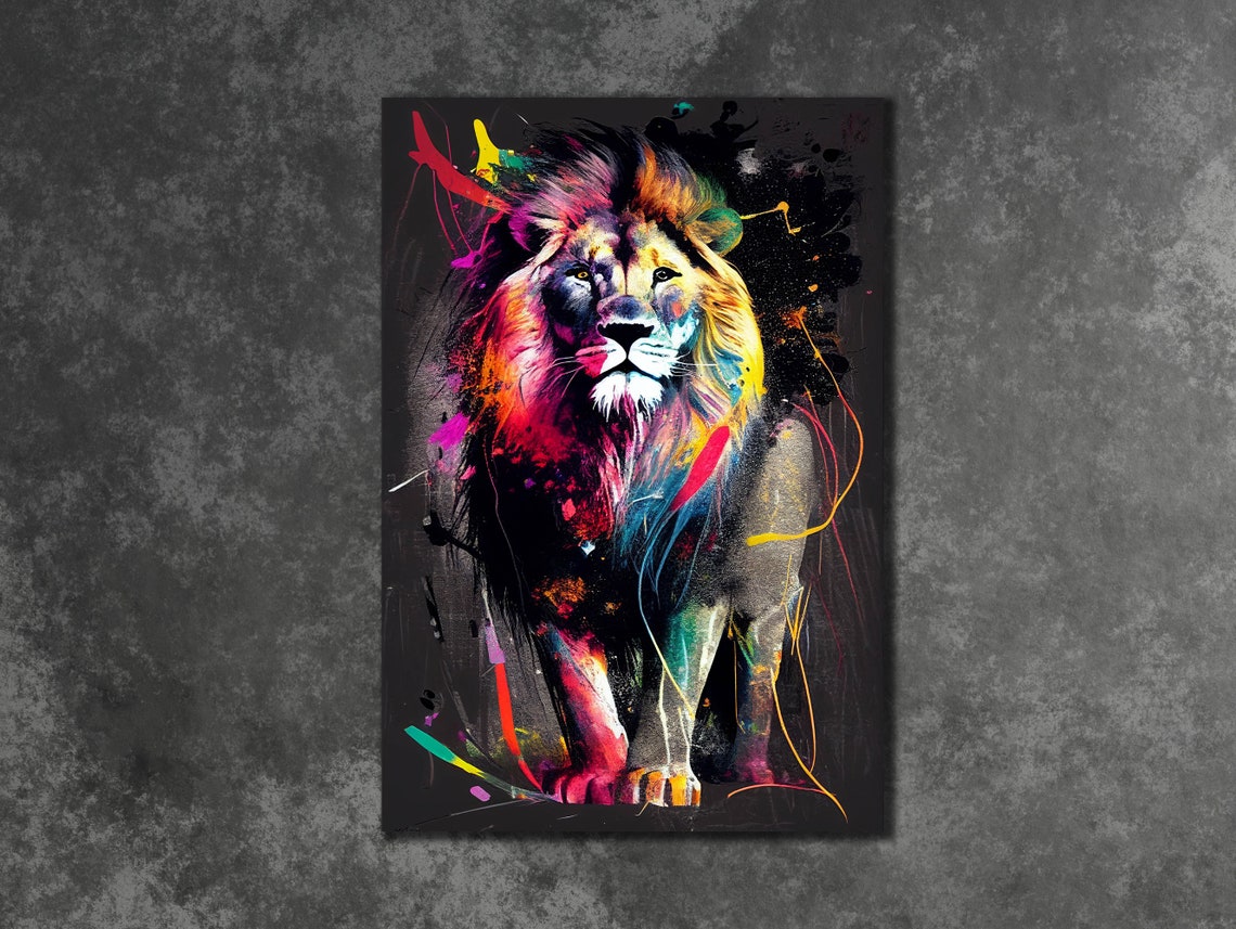 Colorful Lion Paint Splashes Black Background Wildlife Art Poster - Image 3