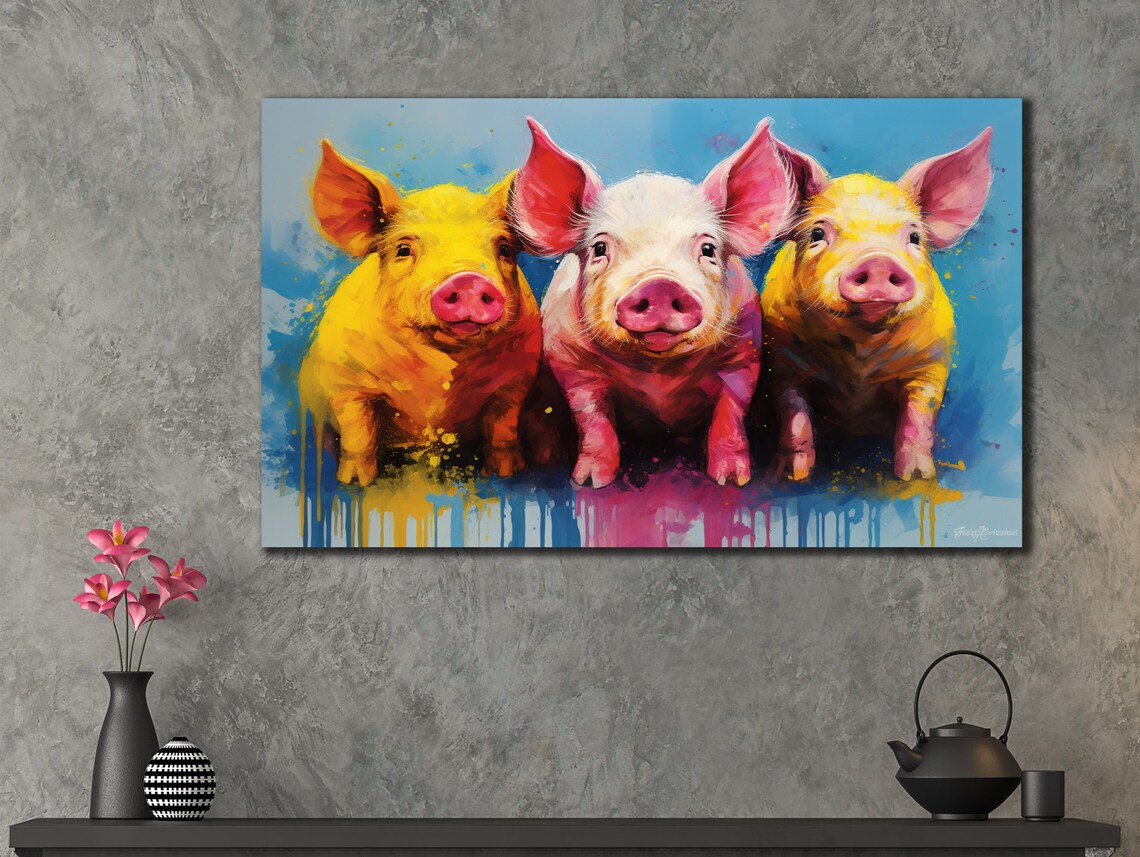 Three Colorful Piglets Pop Art Trio Cute Farm Animal Wall Poster - Image 3