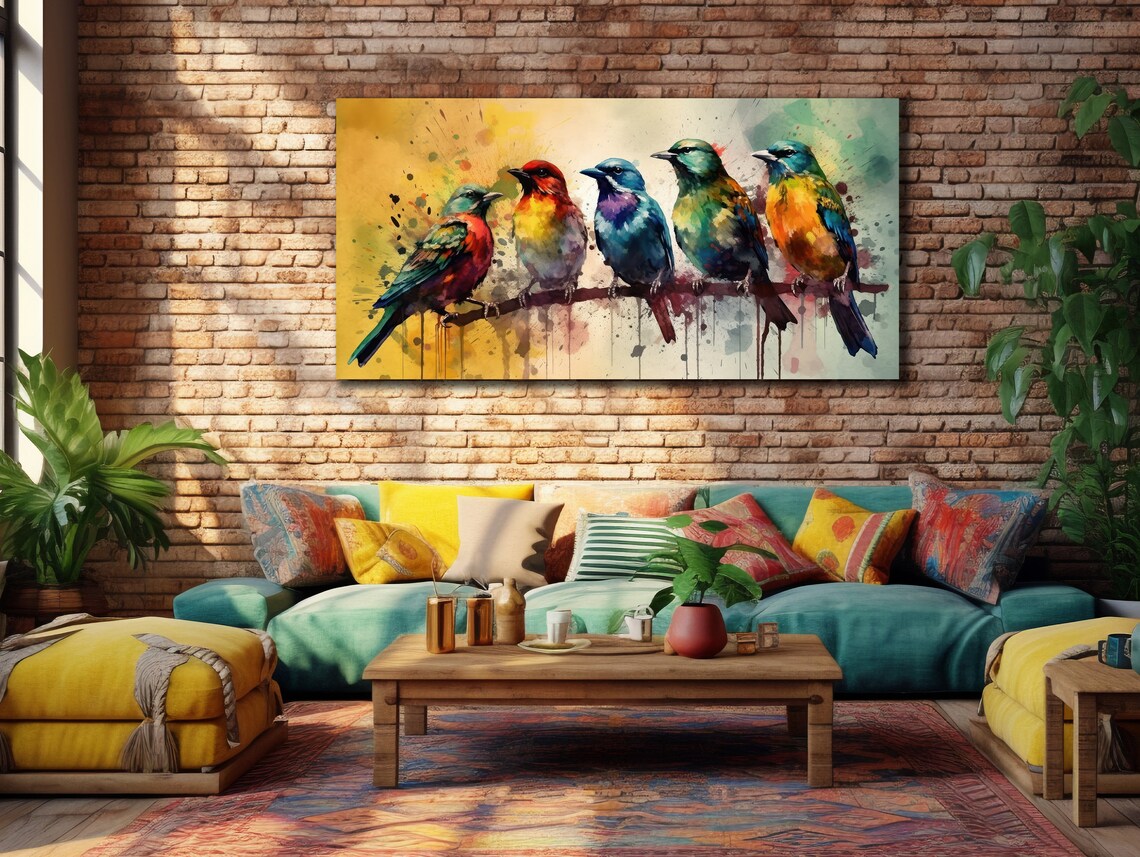Five Colorful Birds Branch Watercolor Yellow Background Wall Art - Image 2