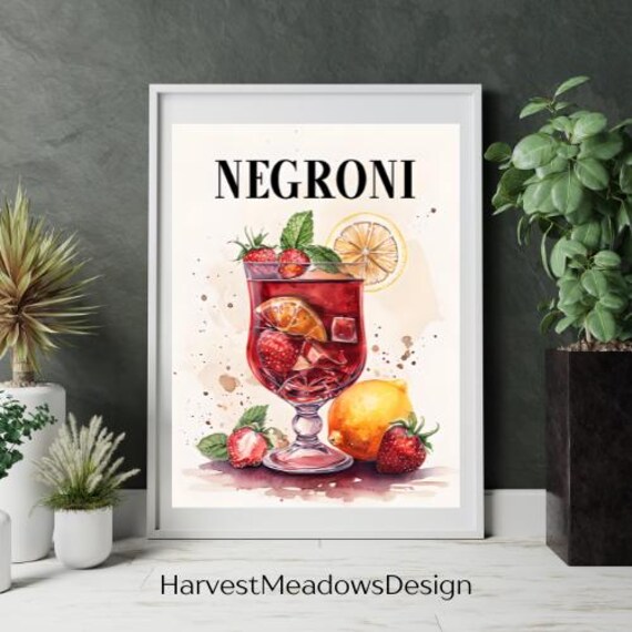 Negroni Cocktail with Strawberries Vintage Bar Watercolor Poster