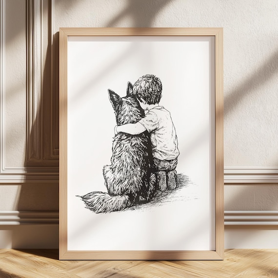 Little Boy With Puppy Dog Print Sketch Art Nursery Vintage Poster Retro Drawing Kids Room Decor Boys