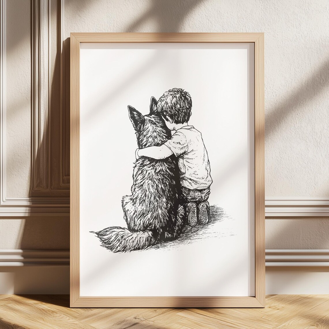 Little Boy Hugging Big Dog Sketch Heartwarming Nursery Wall Art