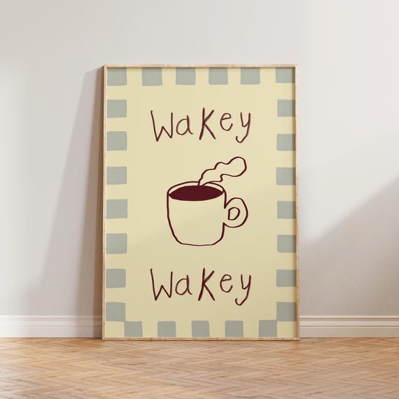 Kitchen Wall Art Print Coffee Checkered Poster Cafe Gift For Lovers Wakey Decor