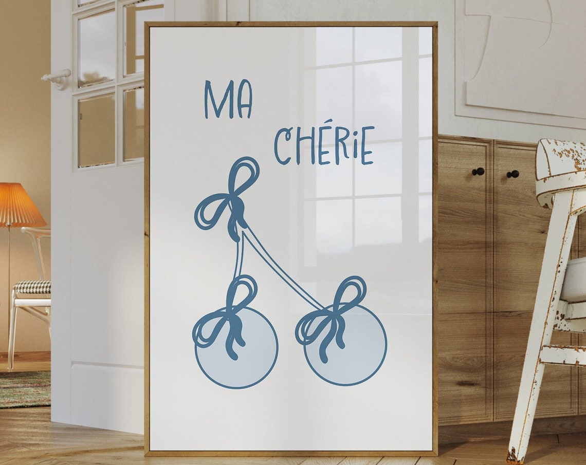 Ma Cherie Blue Bow Cherry Coquette Room Decor Cute Gift Poster