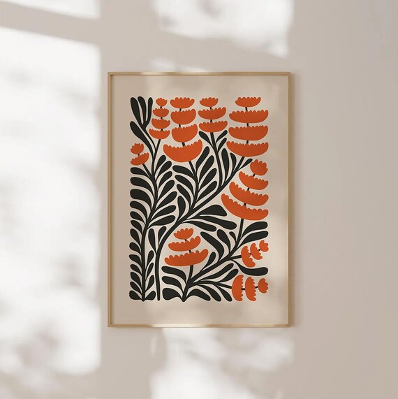 Orange Floral Wall Art Print Matisse Inspired Botanical Poster Boho Modern Plant Bold Flower Minimalist Decor