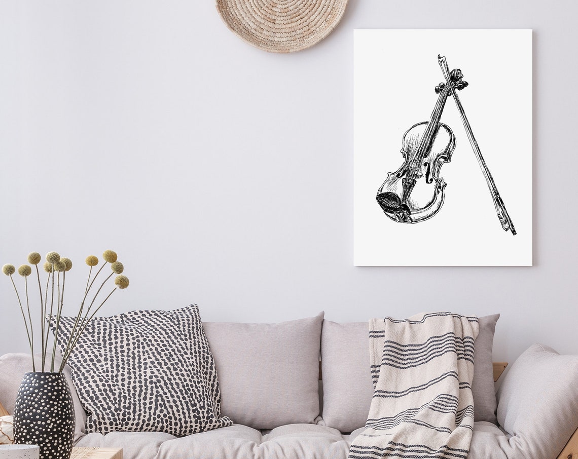Violin And Bow Black And White Sketch Classical Music Line Art Poster