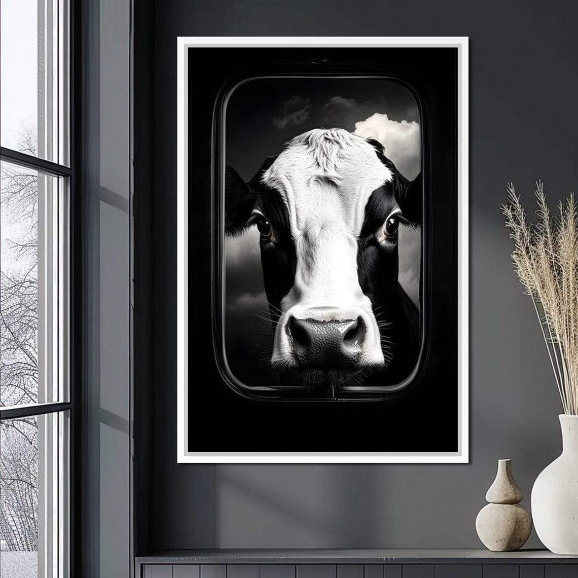 Black White Cow Face Window Monochrome Framed Rustic Wall Art - Image 3