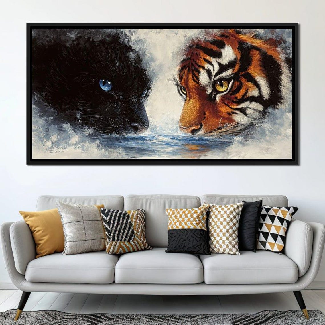 Black Panther Tiger Faces Mist Water Framed Wildlife Contrast Wall Art - Image 3