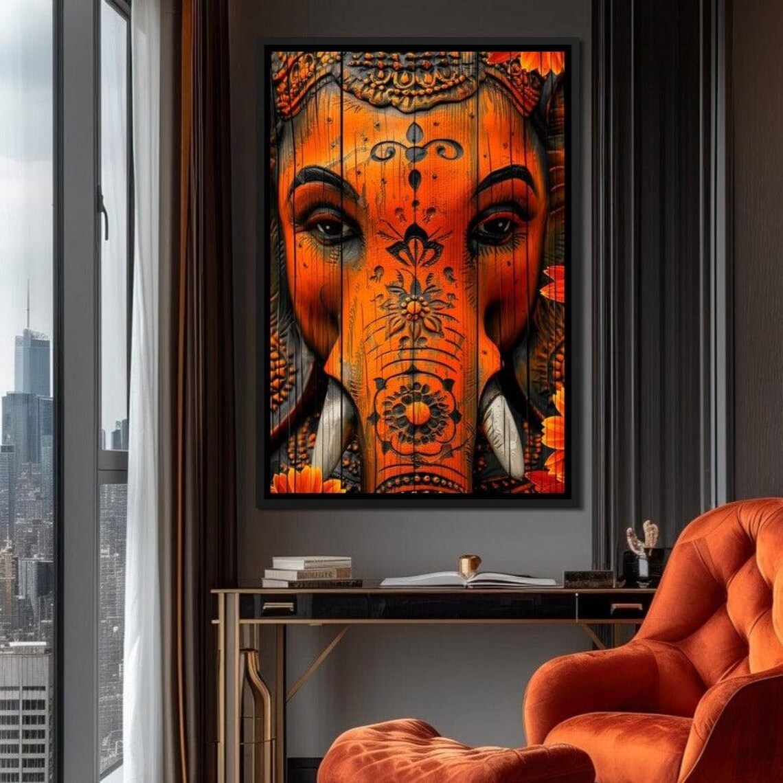 Orange Ganesha Face Intricate Carved Style Hindu Spiritual Decor Art Poster - Image 4