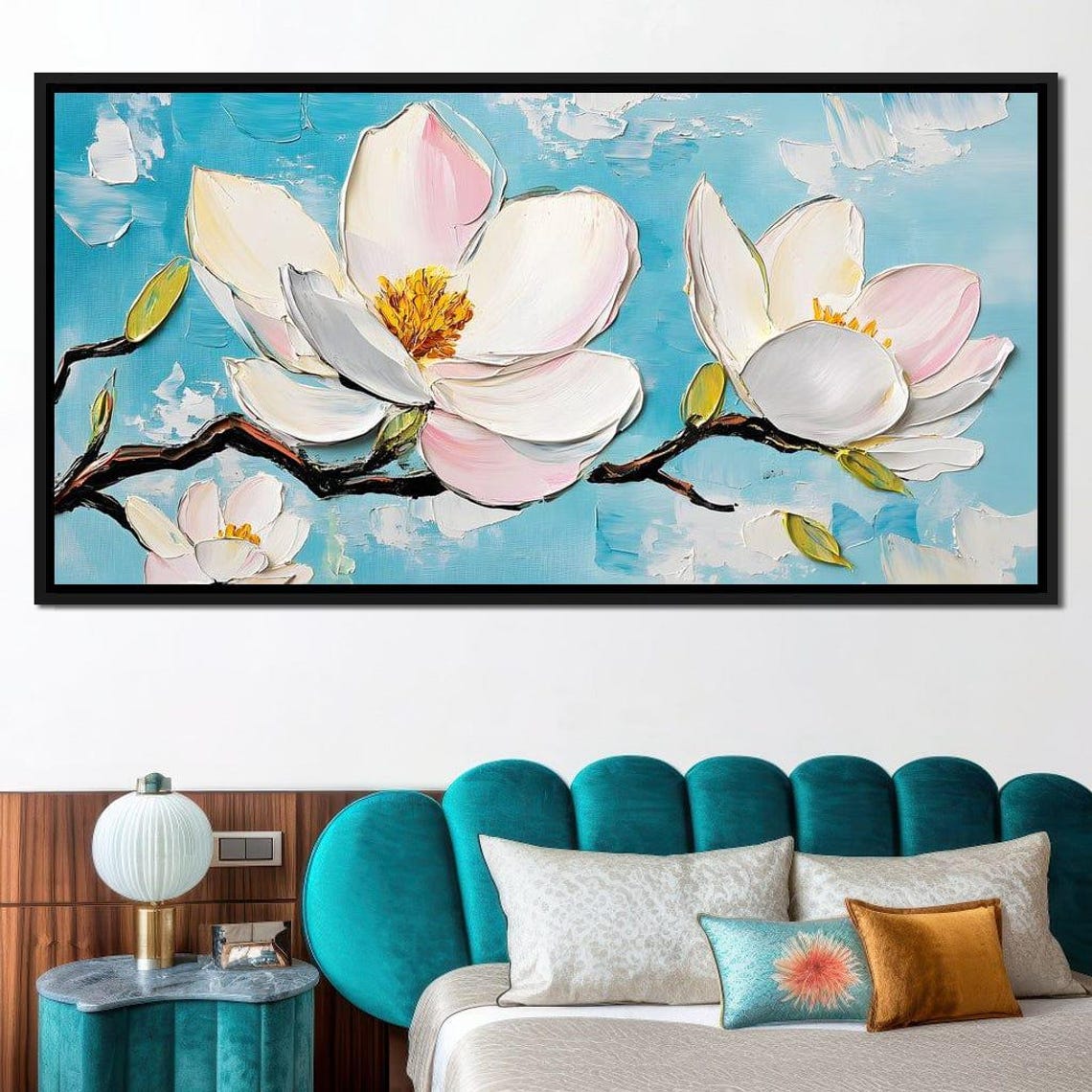White Magnolia Blossoms On A Bright Turquoise Blue Canvas Poster - Image 4