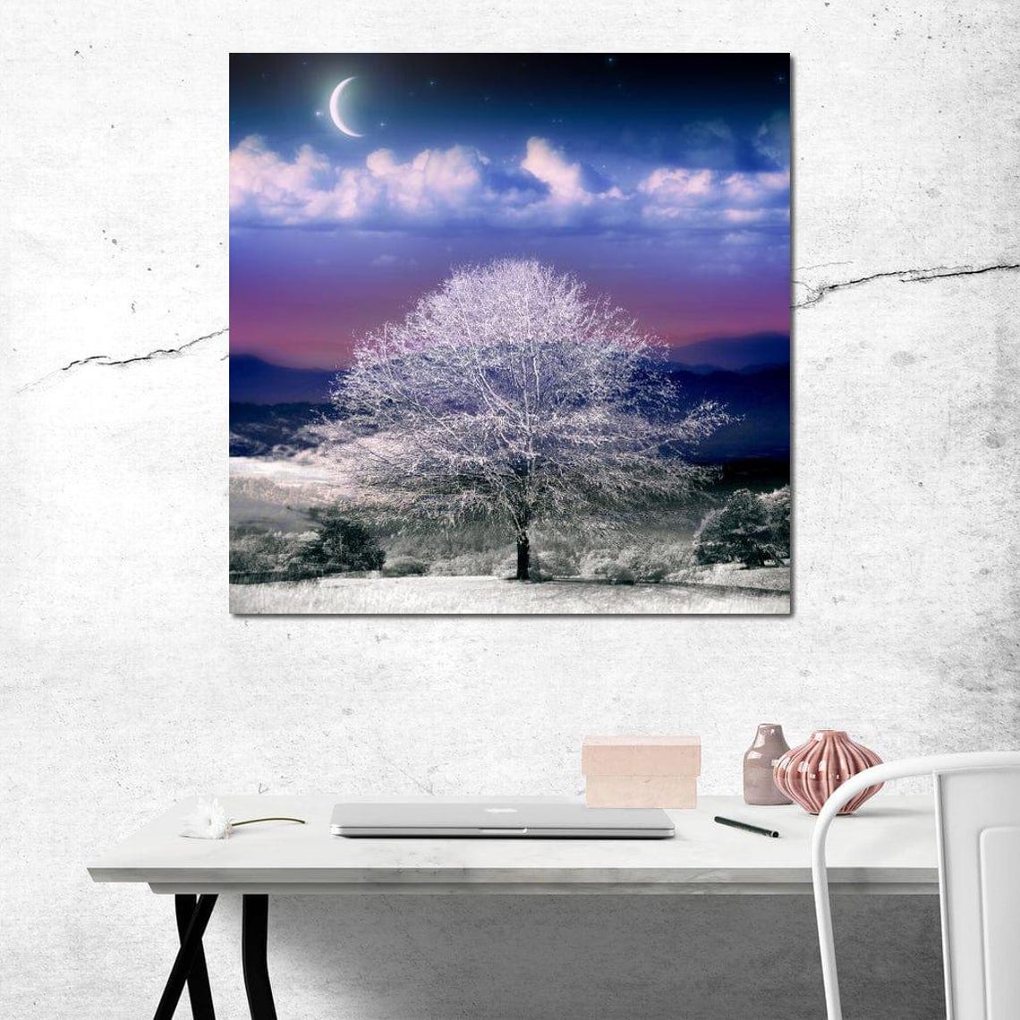 Snowy White Tree under Crescent Moon Purple Night Winter Scene Poster - Image 4