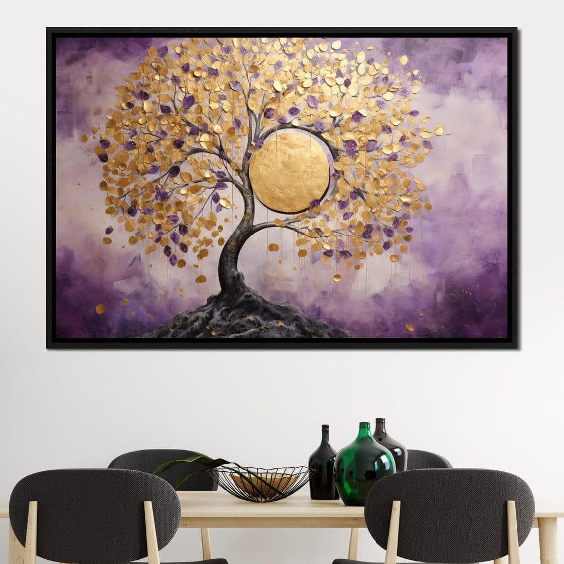 Golden Coin Tree Purple Sky Full Moon Dreamy Boho Style Art Print