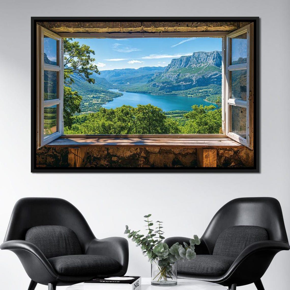Valley River View Open Window Illusion Green Cliffs Lake Wall Poster - Image 2